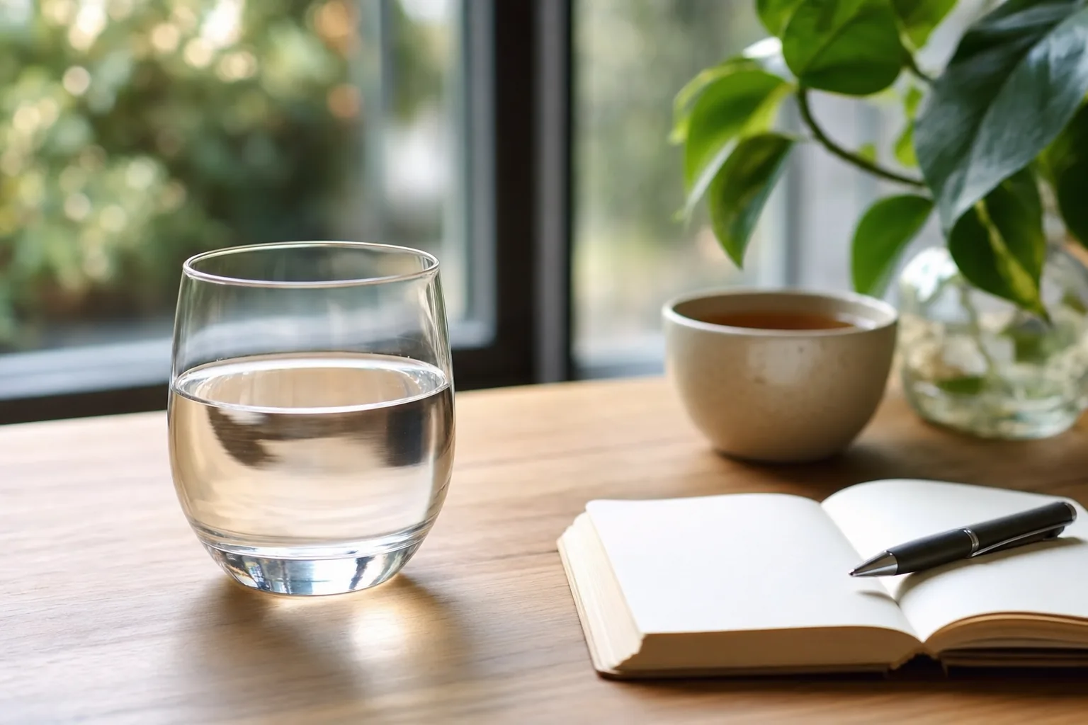 Verre d'eau, carnet et thé près d'une fenêtre